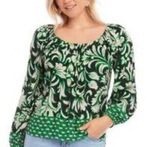 Karen Kane Drape Front Green & White Floral Border Print Oversized Boho Top PS
